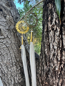 Sacred Sri Yantra white feather earrings