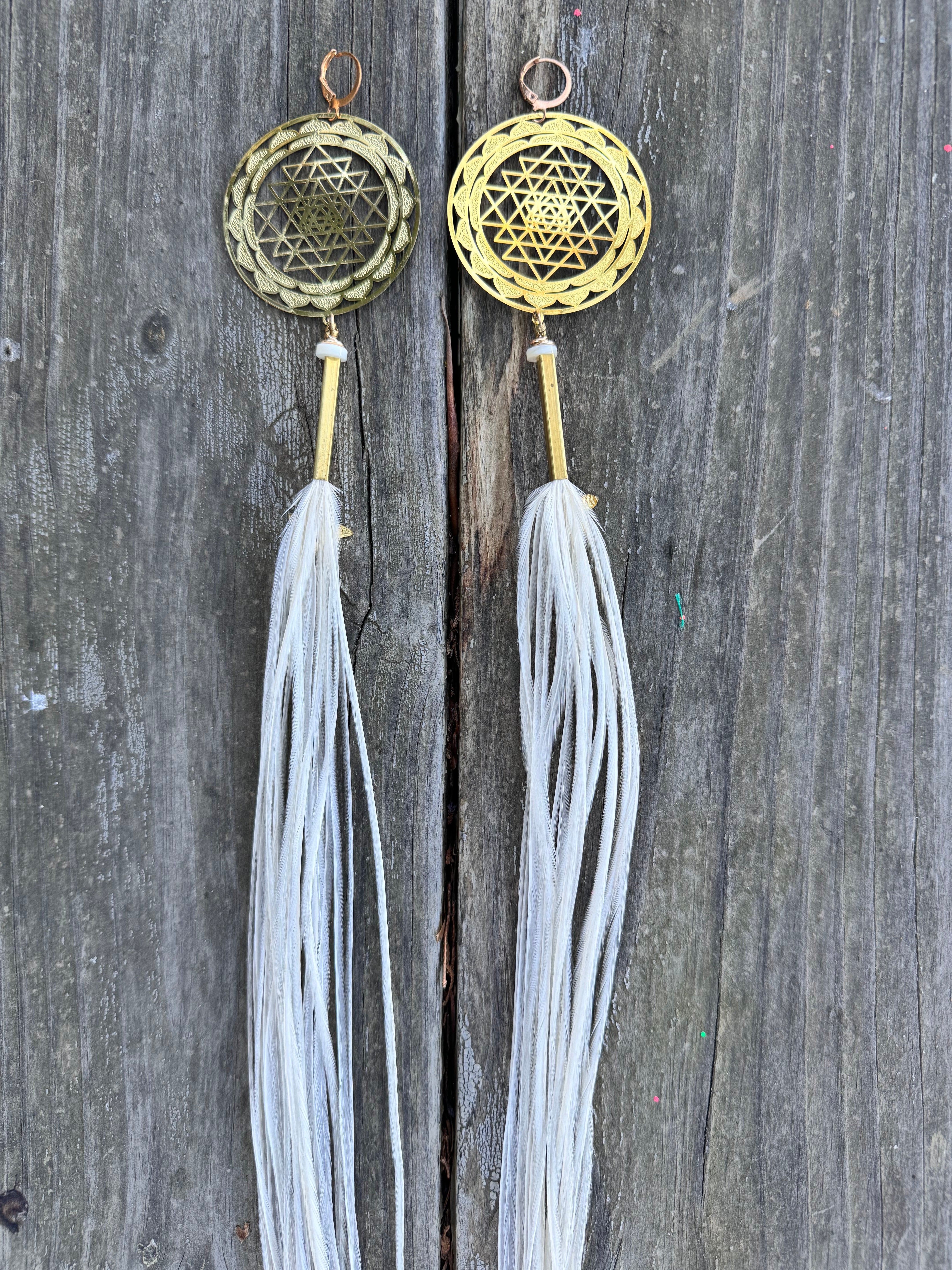 Sacred Sri Yantra white feather earrings