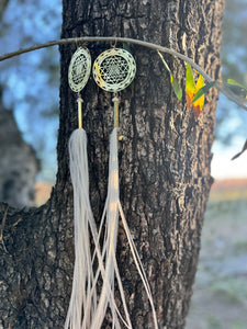 Sacred Sri Yantra white feather earrings