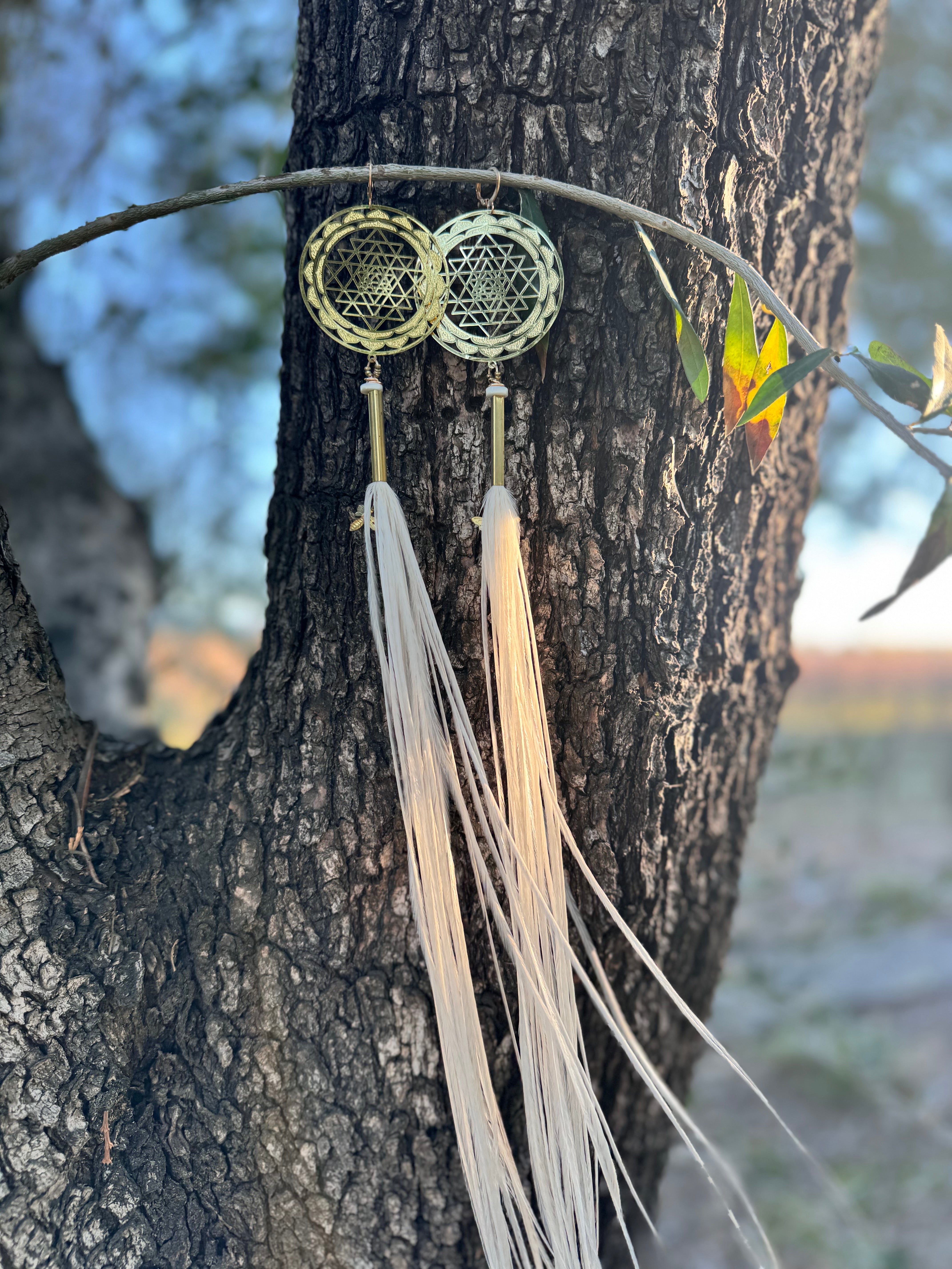 Sacred Sri Yantra white feather earrings