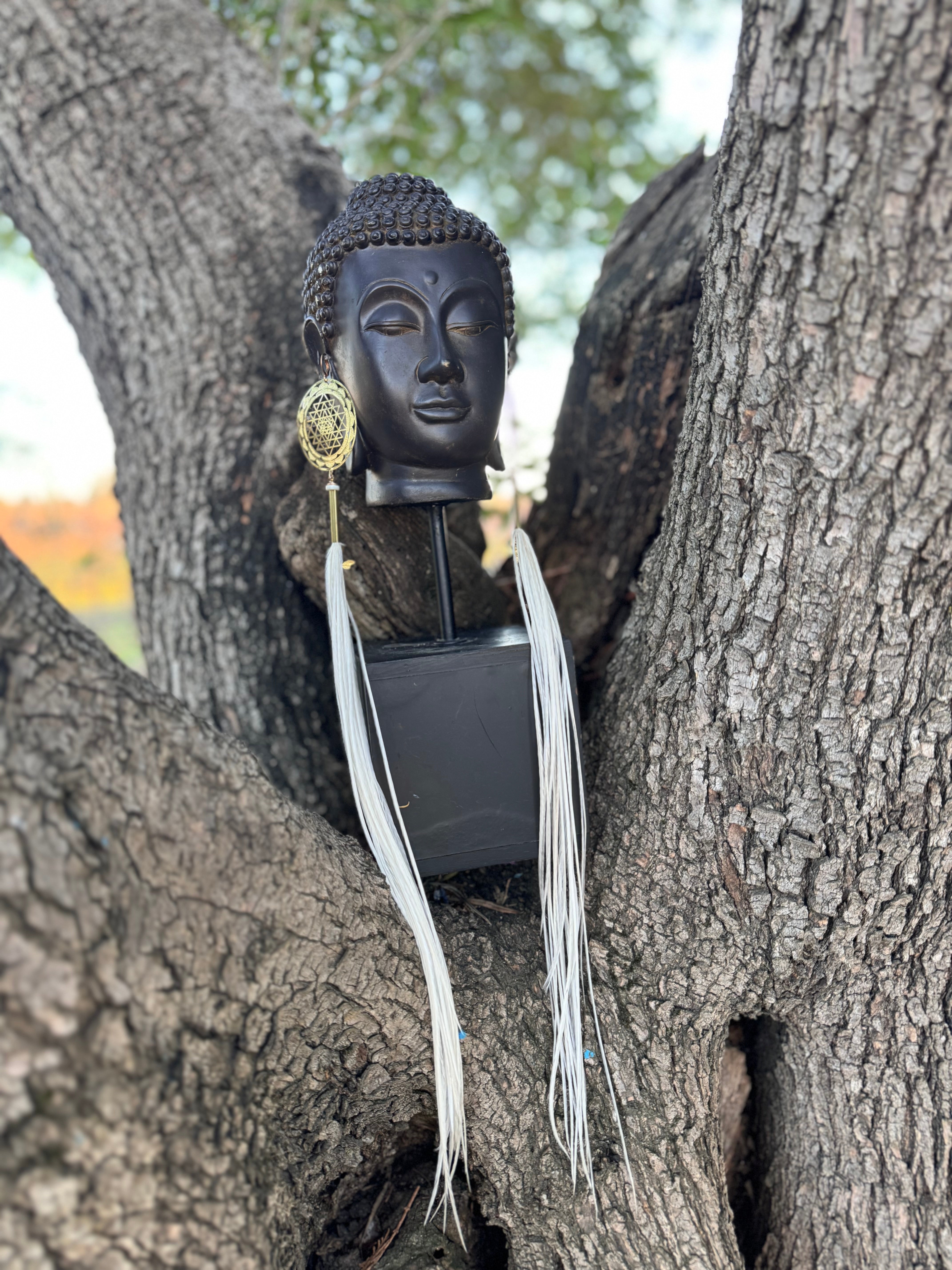 Sacred Sri Yantra white feather earrings