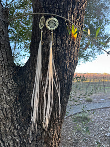 Sacred Sri Yantra white feather earrings